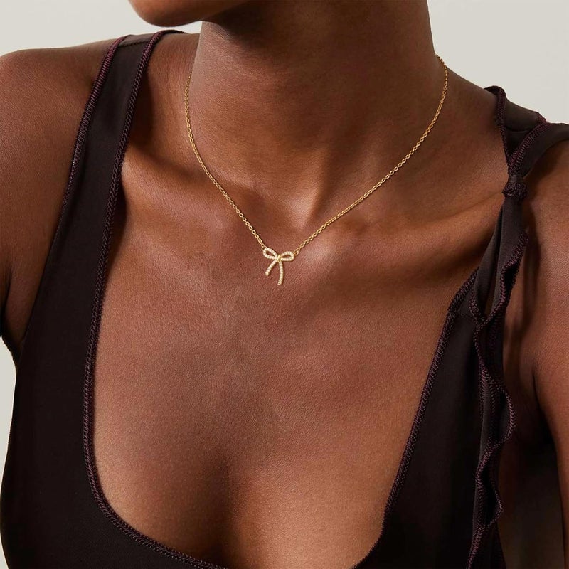 Risamil Store 14K Gold Plated Necklace for Women - Bow Necklace - Dainty Necklace Cute Small Tiny Bow Pendant Choker Chain Necklace Trendy Necklaces for Women Jewelry Gift - Image 2